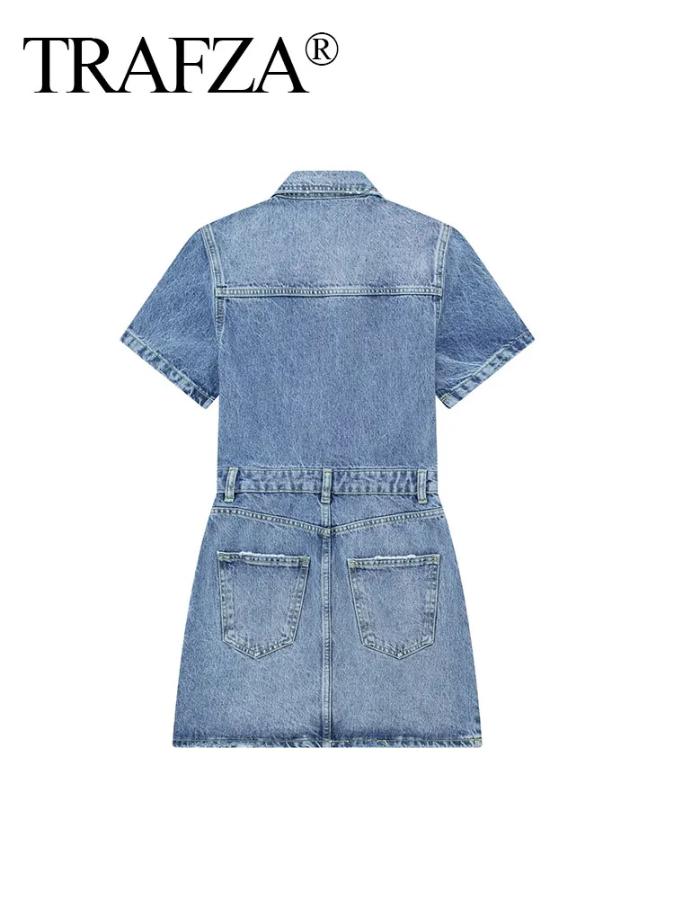 TRAFZA Summer Dresses Woman 2023 Blue Turn-Down Collar Multi-Pocket Short Sleeve Single Breasted Female Chic Denim Dresses