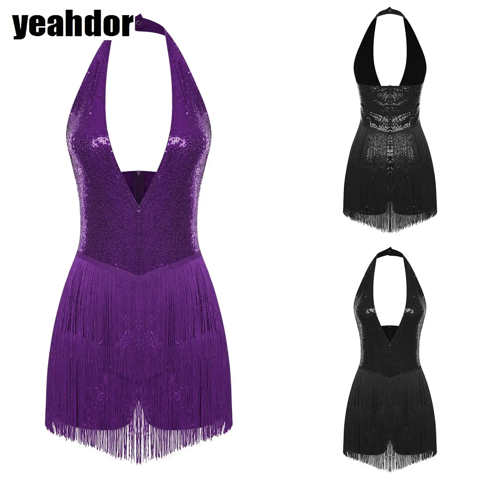 

Women Disco Dance Clubwear Glitter Sequin Bodysuit Rompers Halter V Neck Backless Fringe Jumpsuit Playsuit Halloween Dress Up
