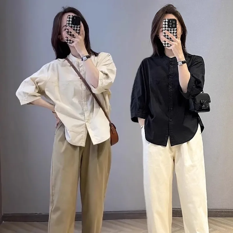 

Женская футболка из чистого хлопка с круглым вырезом, весна-лето, новая модная универсальная модель с защитой от солнца, корейский свободный крой, трендовая футболка