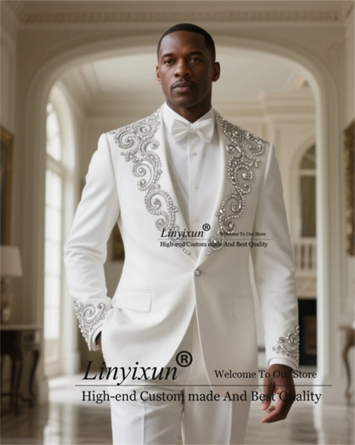 

Sparkly Gem Beaded Men Suit For Wedding 3 Pieces Sets Male Prom Blazer Slim Fit trajes para hombre Customized Groom Tuxedo