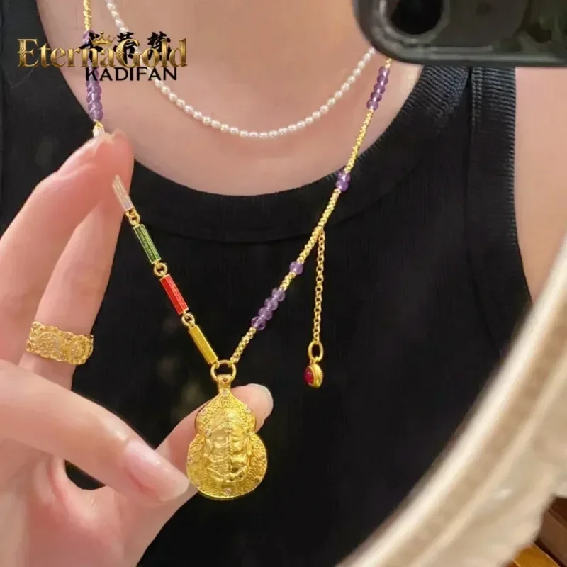 EternaGold Light luxury fashion 999 24K real gold elephant god pendant scripture amethyst sweater chain women's long necklace sw