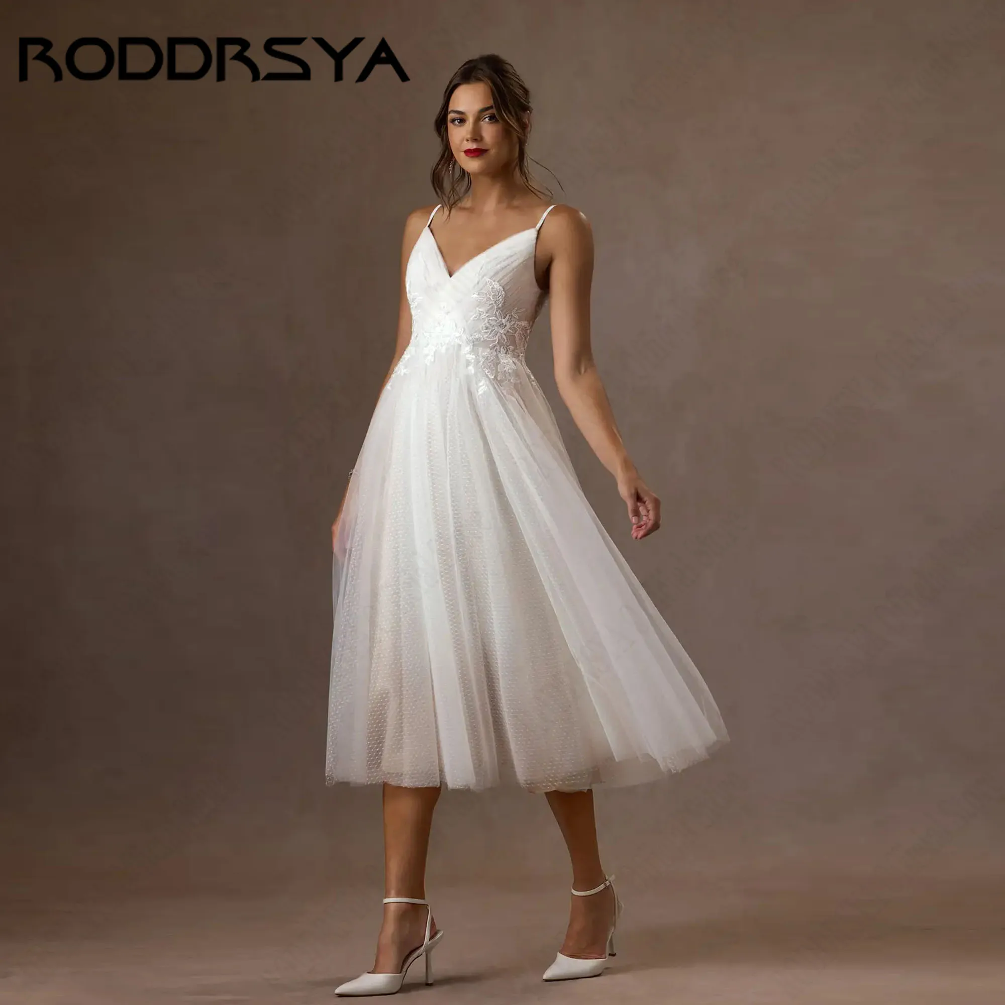 RODDRSYA Classic A-line Appliques Wedding Dress Spaghetti Straps V-neck Midi Civil Bridal Party Gown vestido de novia Customized