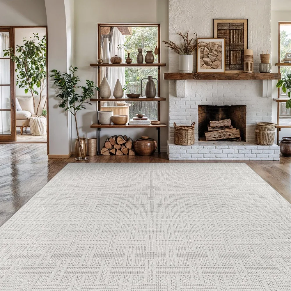 Microring Interior carpet White 8 x 10 Boho geometric neutral area carpet living room Soft Deluxe modern low pile