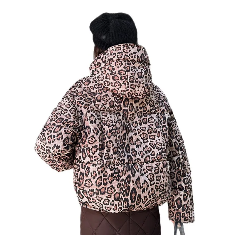 Estilo coreano casual inverno algodão puffer jaqueta senhoras engrossado solto ajuste casaco com capuz leopardo impressão boné removível