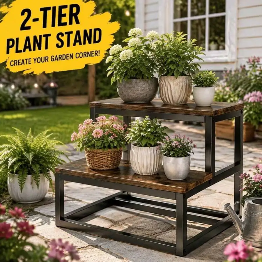 Heavy-Duty Double-Tier Plant Stand With Folding Step Stool, Rustic Wooden Garden Shelf With Metal Frame, Outdoor Flower Display