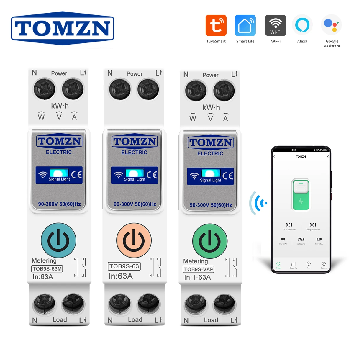 TOMZN 63A Inteligentny wyłącznik WiFi z pomiarem energii kWh, monitorowaniem, wyłącznikiem automatycznym, timerem, przekaźnikiem, MCB, TUYA smartlife 1P+N