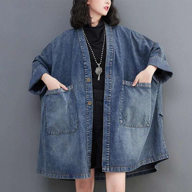 Vintage V-Neck Big Pocket Denim Jacket Women\'s 2023 Spring Autumn New Loose Oversized Long Windbreaker Jean Jackets Outerwear