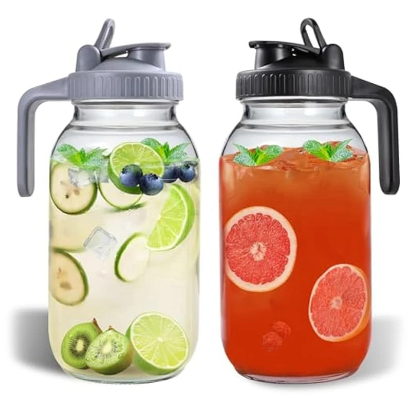 

2Pcs 64Oz Glass Pitchers With Lid And Spout,Mason Jar Pitchers, Wide Mouth Jar Leak-Proof Water Jug For Water,Juice,Milk