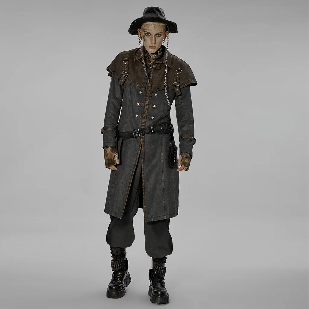 PUNKRAVE Men's Coat Post-apocalyptic Style Jacket Steampunk Retro Fake Two Pieces  Medium and Long Jacket