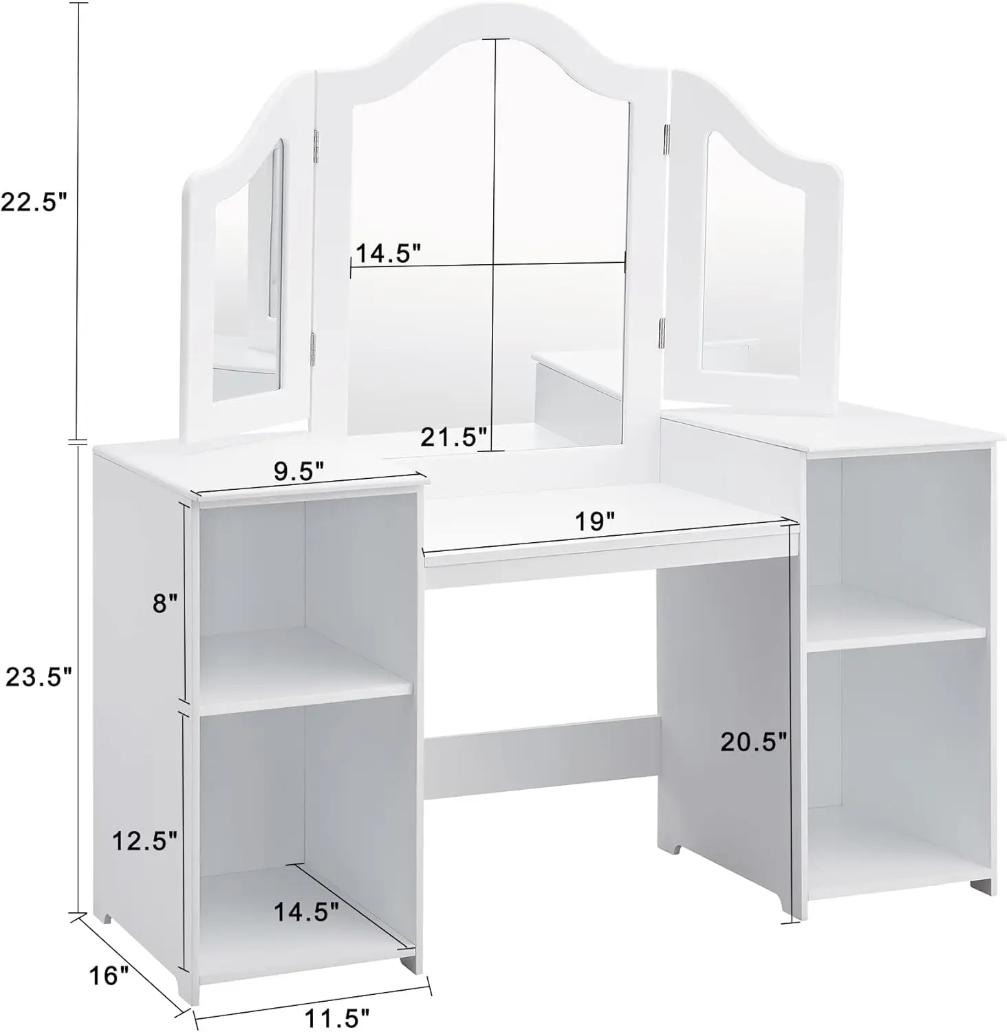 Armário de armazenamento de maquiagem Princess 2 em 1 com tampo removível, conjunto de vaidade para meninas com espelho triplo, idade 3-9 (branco)