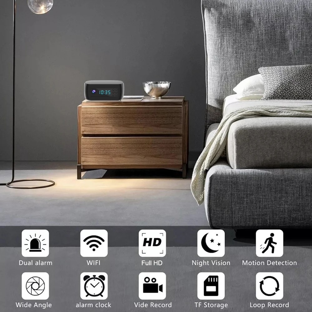 4K HD WiFi IP Mini Camera Desktop Alarm Clock Camera Two-way Audio Camera Home Security Nanny Camera IR Night Vision