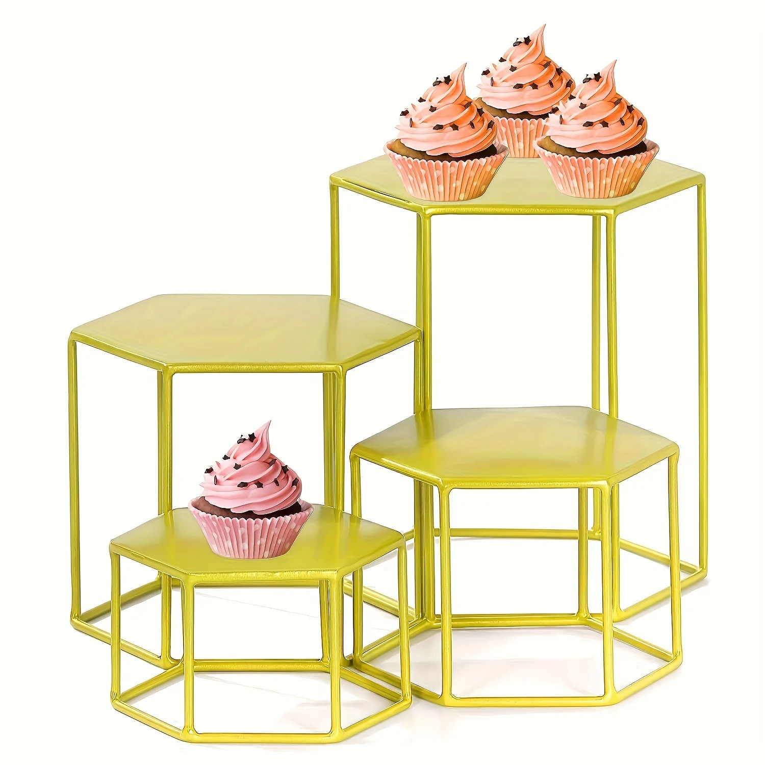 

A set of 4 metal hexagonal food display racks, used for food, cupcakes, pizzas, and potted plants, Halloween and Christmas decor