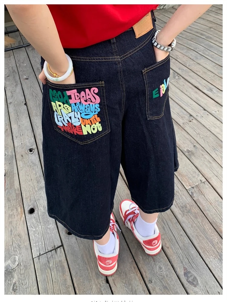 

Women's Colorful Letter Printed Pocket Calf-length Trousers Young Girl Cropped Jeans Female Summer High Waist Capris Summer Pant