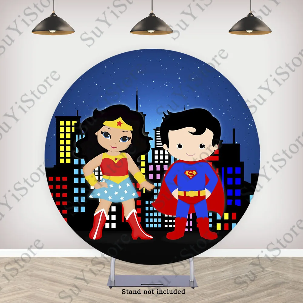 SuperMan Wonder Woman Round Backdrop Cover For Kids Birthday Baby Shower DC Superhero Circle Photo Background PhotoCall Props