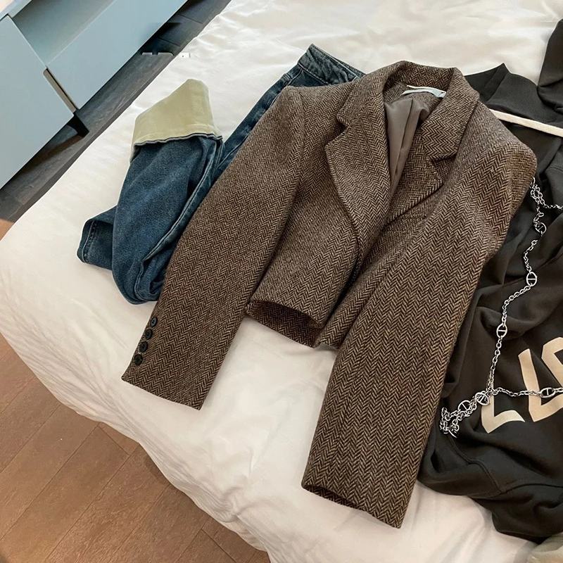 Women Herringbone Tweed Blazer Open Front Old Money Aesthetic Jacket Lapel Collar Cropped Coat Retro Office Lady Vintage Top