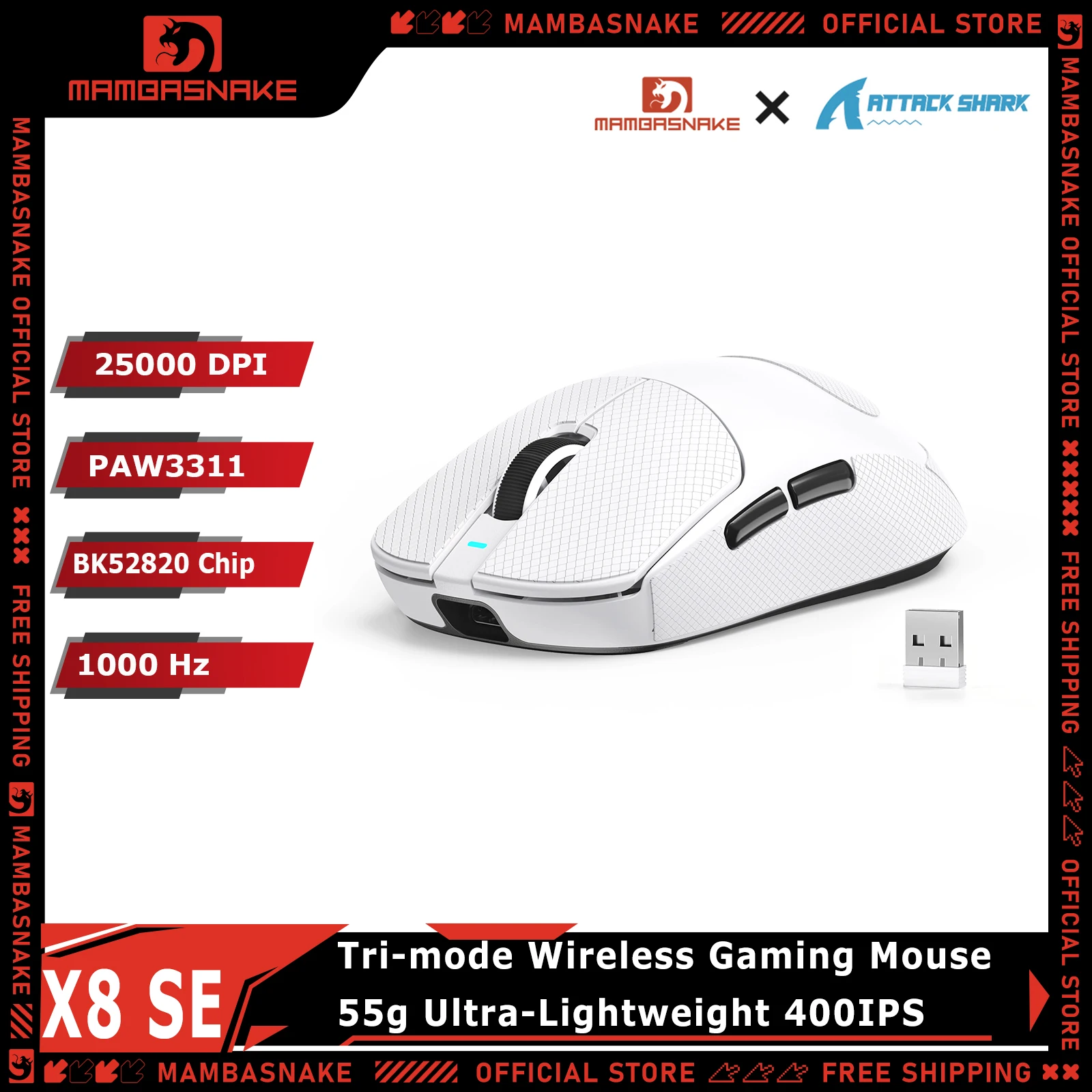 MAMBASNAKE x ATTACK SHARK X8 SE 55g Superlight Wireless Gaming Mouse,BK52820 Tri-Mode BT/2.4G Wireless/Wired Mouse