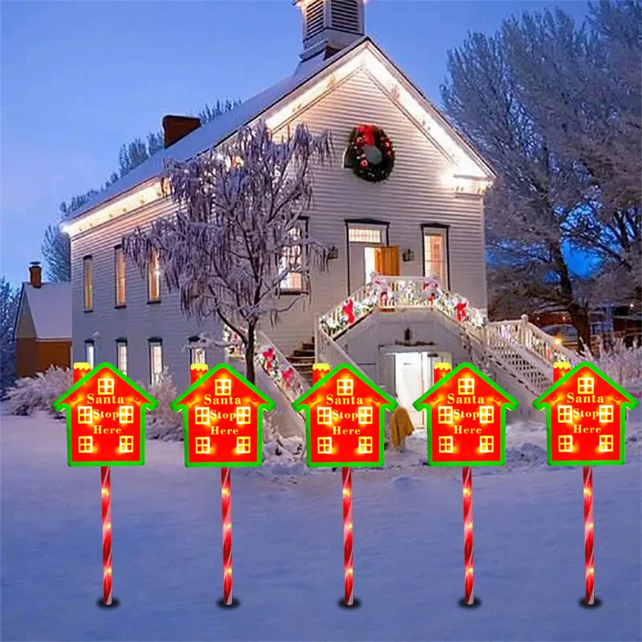 5 Pack Solar Christmas Santa Stop Here Lights Outdoor Christmas Stop Sign with Stakes Candy Cane Pathway Light for Garden Decor