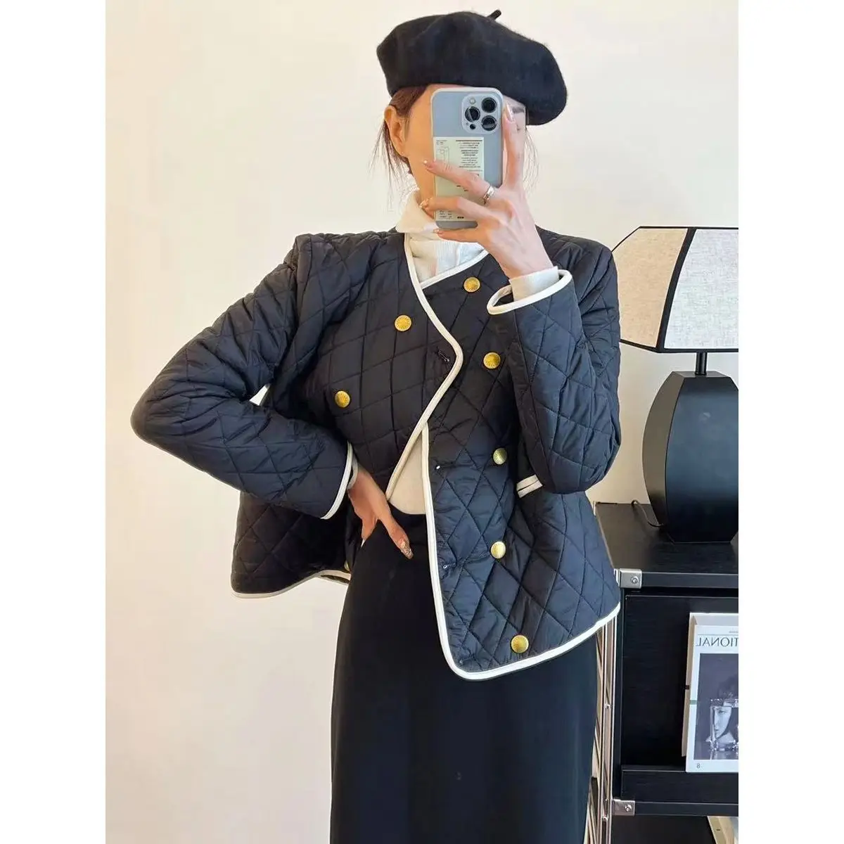 Xiaoxiangfeng Diamond Grid Cotton Jacket Women\'s European Station European Goods Western Style Cotton Clothing Trend