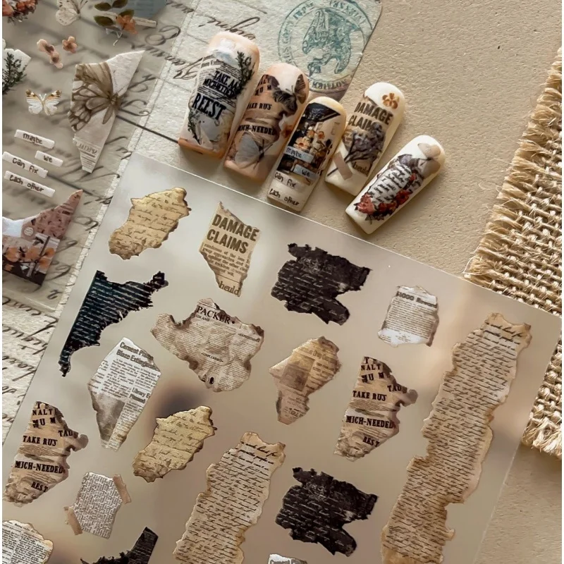Fashion Torn Newspaper Book Pages 5D Nail Stickers Dried Daisy Butterfly Old Photo Fragments Self Adhesive Nail Decoration Decal