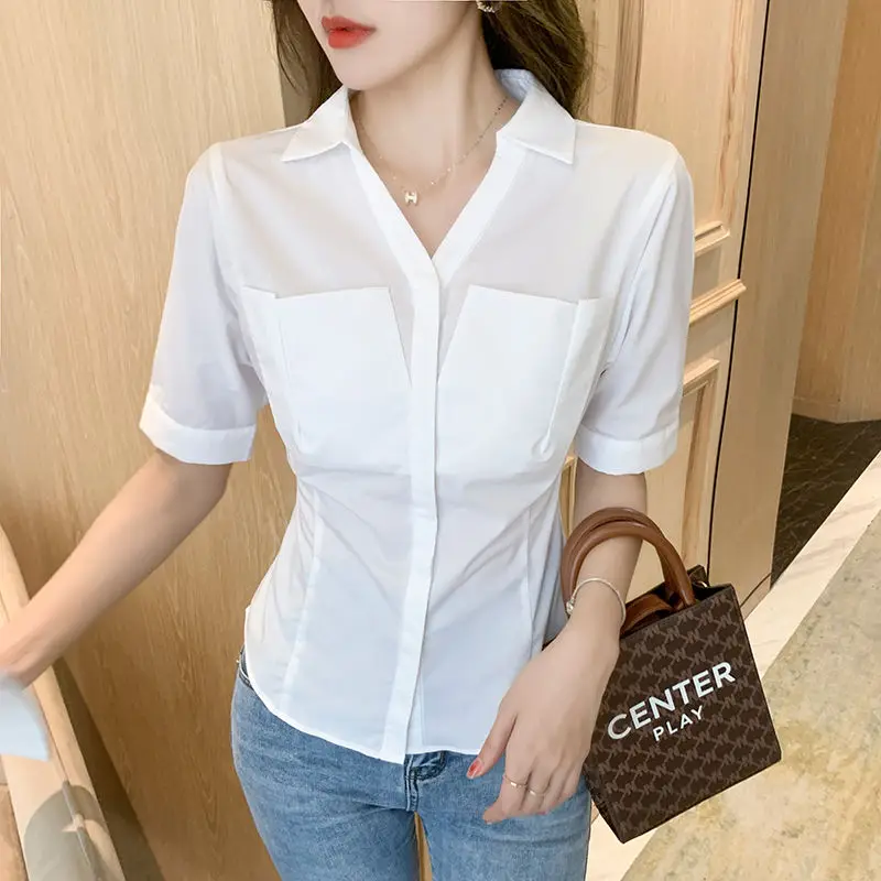 2024 New Fashion Ladies Chiffon Blouse New Turn Down Collar Solid Backless Shirt Summer Short Sleeve Tops Bottoming Shirt Q163