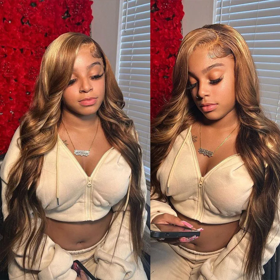 30 36 Inch Body Wave 13x4 Ombre Highlight  Lace Front Human Hair Wigs 13x6 Transparent HD Lace Frontal Wigs 4/27 Colored Wigs