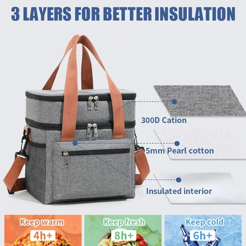 Thermal Insulation Double Layer Picnic Bag Portable Crossbody Lunch Pack With Multi-Pocket Storage Food Tote For Camping Pouch