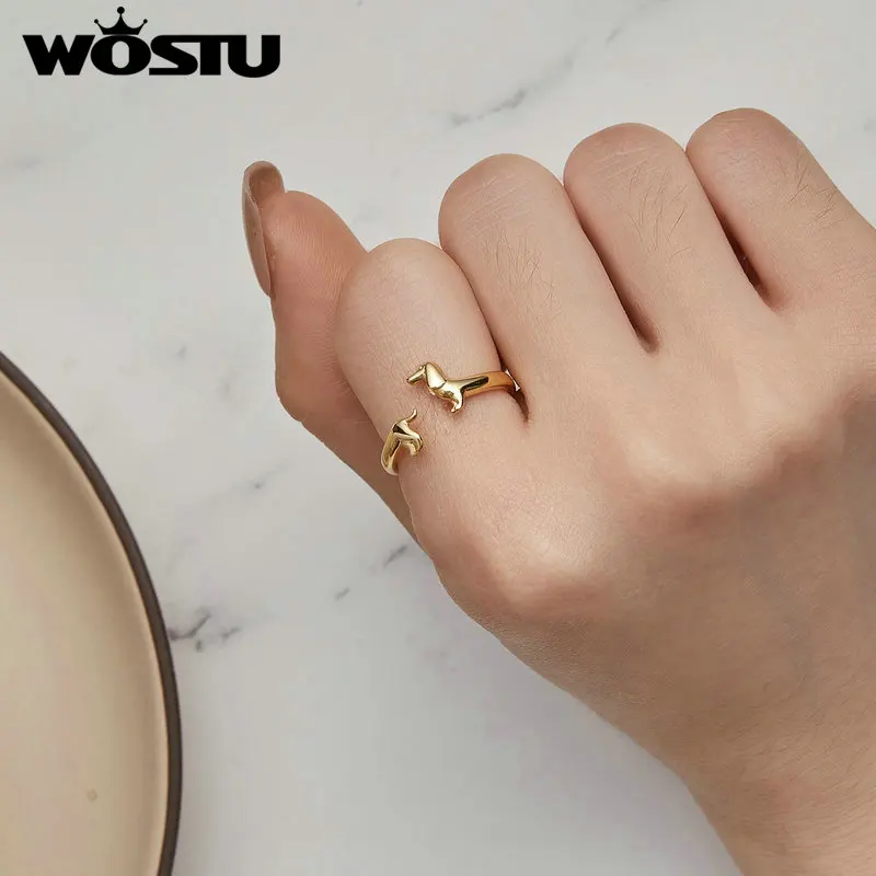 WOSTU Real 925 Sterling Silver Cute Dachshund Dog Adjustable Rings for Women Original Open Animal Ring Fine Family Jewelry Gift