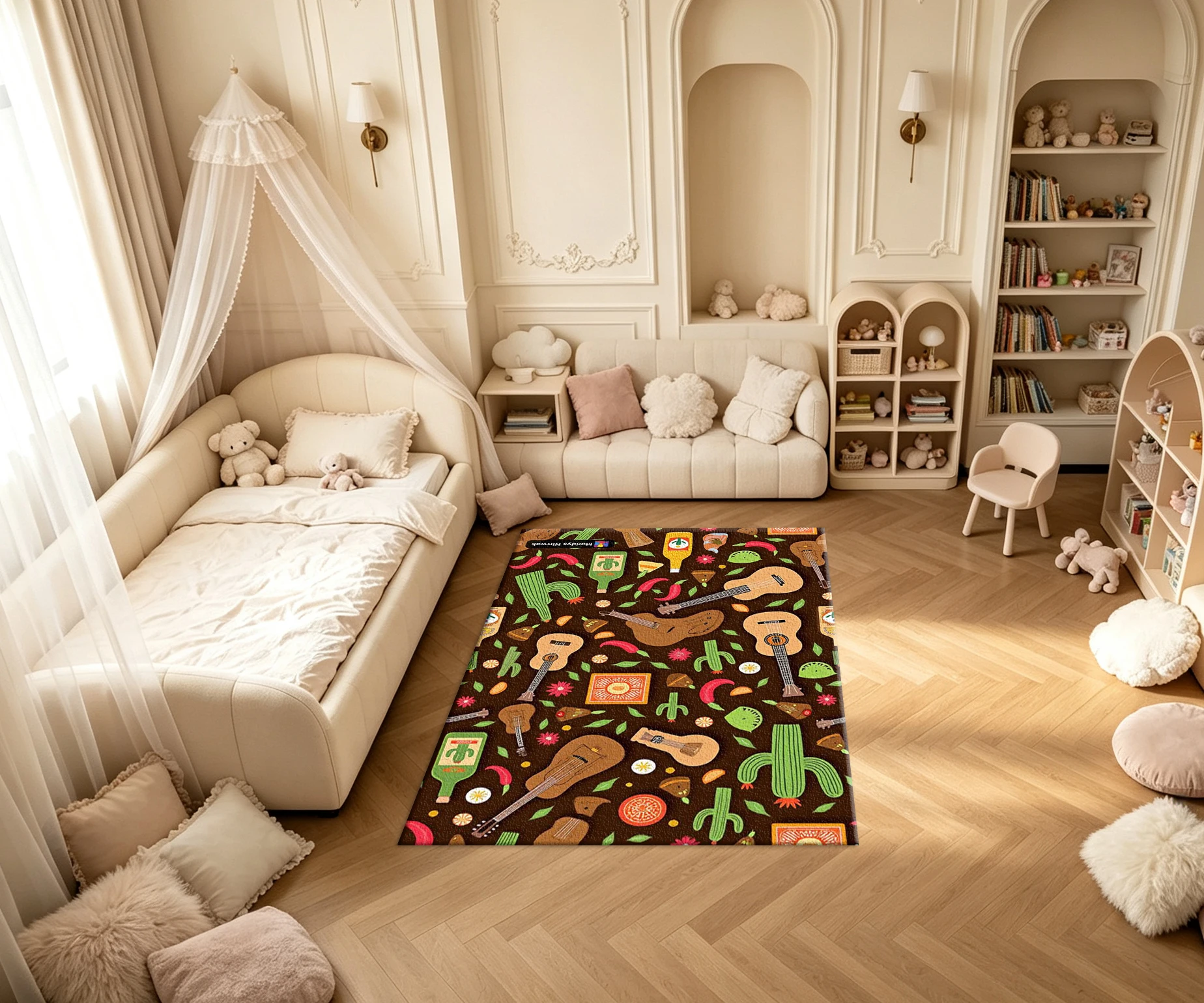 Mexican Folk Guitar Cactus Chili Carpet Flooring Retro Culture Element Seamless Printed Square Area Rug for Household Ornament
