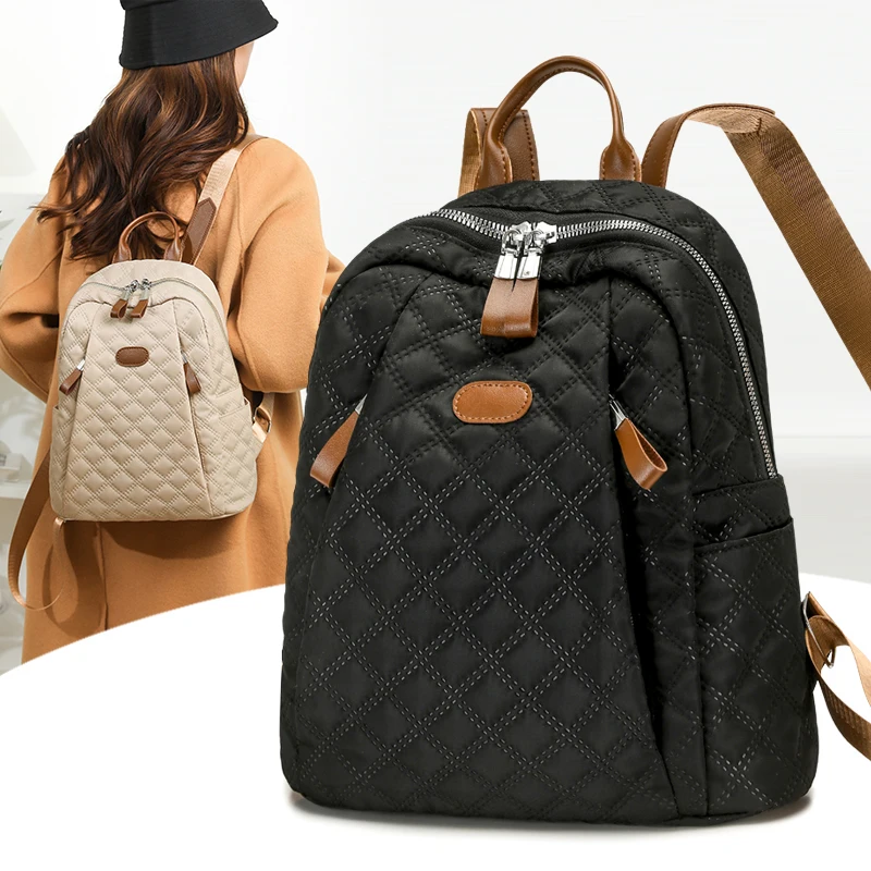 Fashion Diamond Quilted Women's small Backpack, Lightweight Nylon Tote Bag, Durable Casual Shoulder Purse for Travel School Work