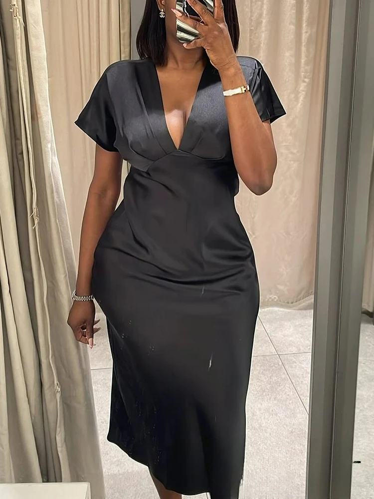 KONDALA خمر شيك أنيق المرأة فستان ستان الصلبة مطوي كم قصير مستقيم طويل Vestidos موضة 2025 فستان صيفي