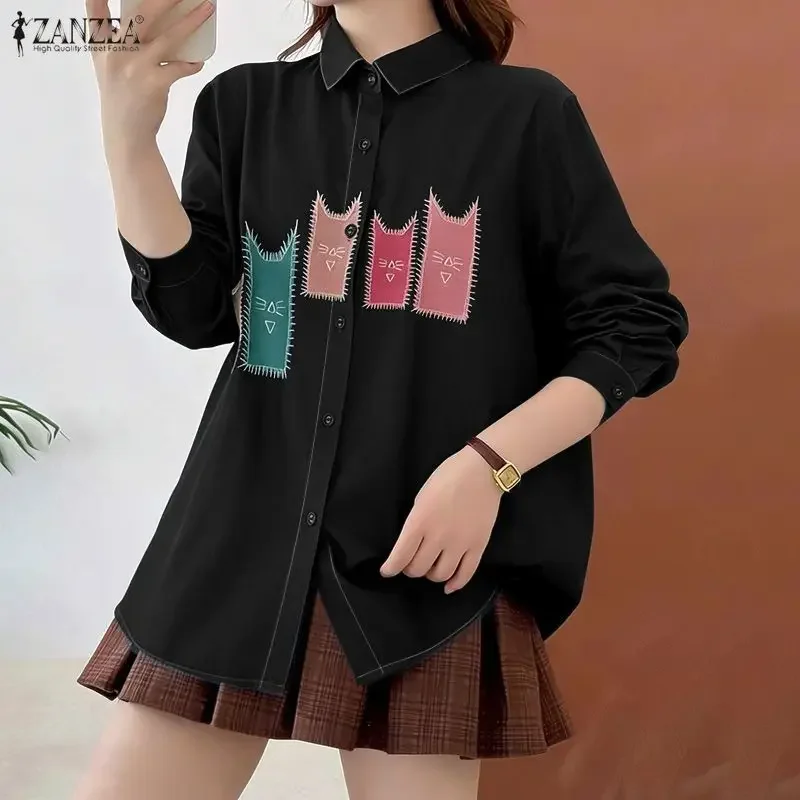 

ZANZEA Women Fashion Tops Elegant Blouse Long Sleeve Print Office Lady Shirt 2026 Autumn Spring Lapel Casual Loose Blusas Female