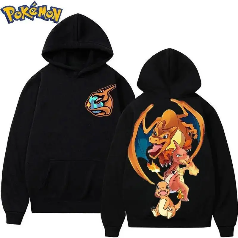 2026 Anime Pokemon Fire Dragon Evolution Line Hoodie Big Graphic Print on BackCasual Long Sleeve Sweatshirt for Fans