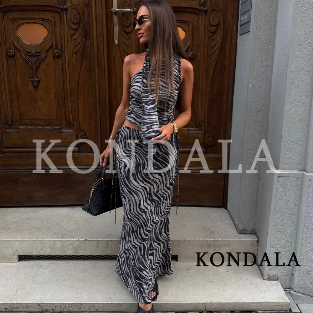 KONDALA Women Vintage Chic Printed Skirt Suit Asymmetrical Sleeveless Top,Midi Skirt 2026 Summer Trendy Street Party Holiday Set