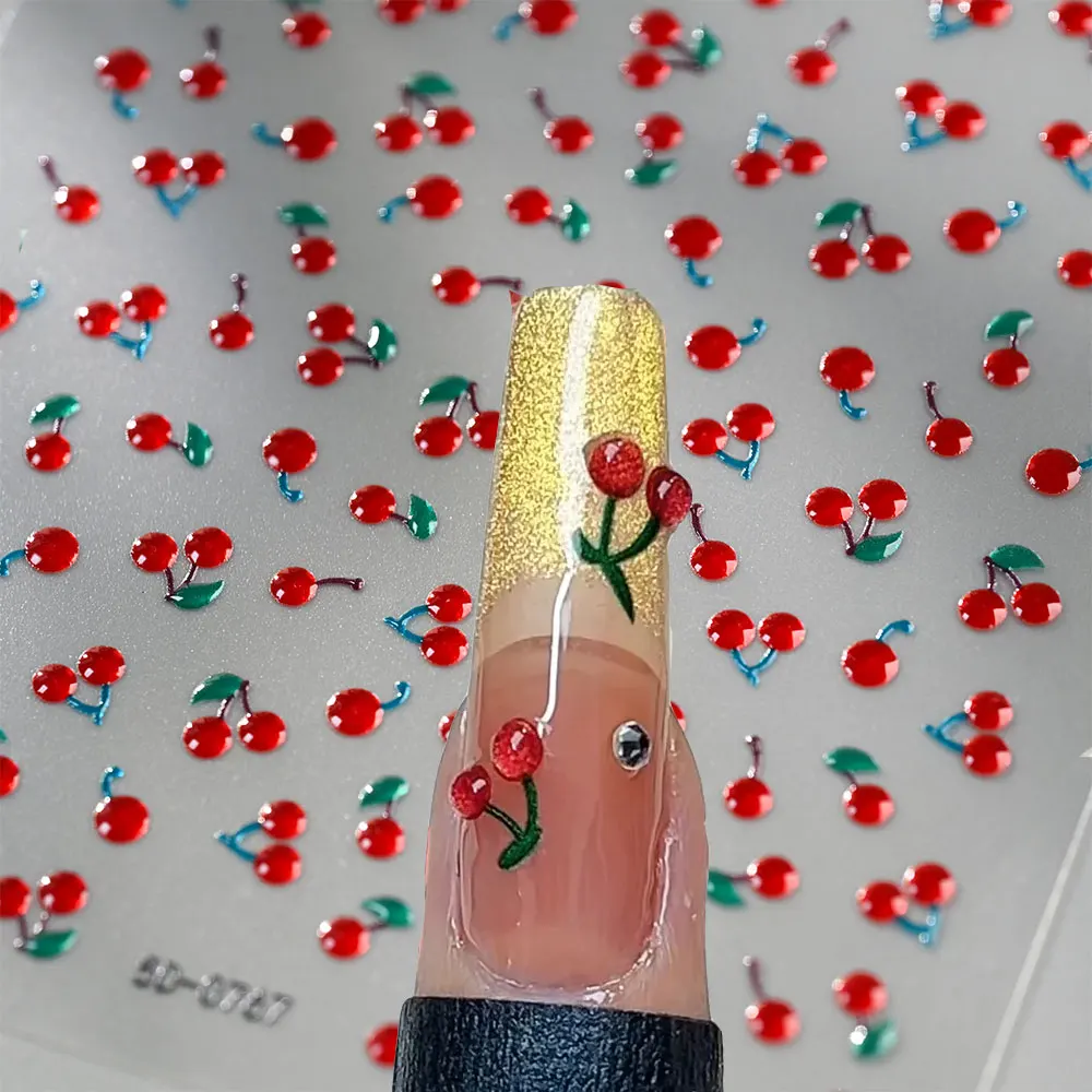 5D Embossed Red Cherry Nail Stickers Kawaii Soft Jelly Cherry Fruit Nail Decals 8*10cm Self-Adhesive Red Cherry Nail Decora *1pc