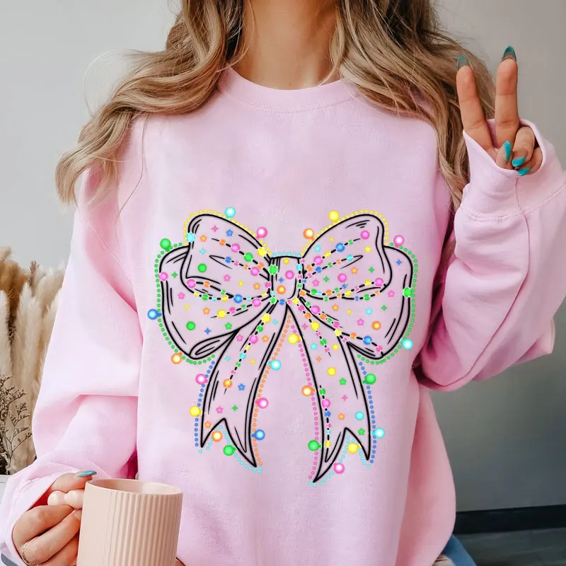 Christmas Lights Coquette Bow Print Sweatshirt Women Harajuku Casual Loose Sweatshirts Fashion Soft Hoodies Autumn Warm Clothes