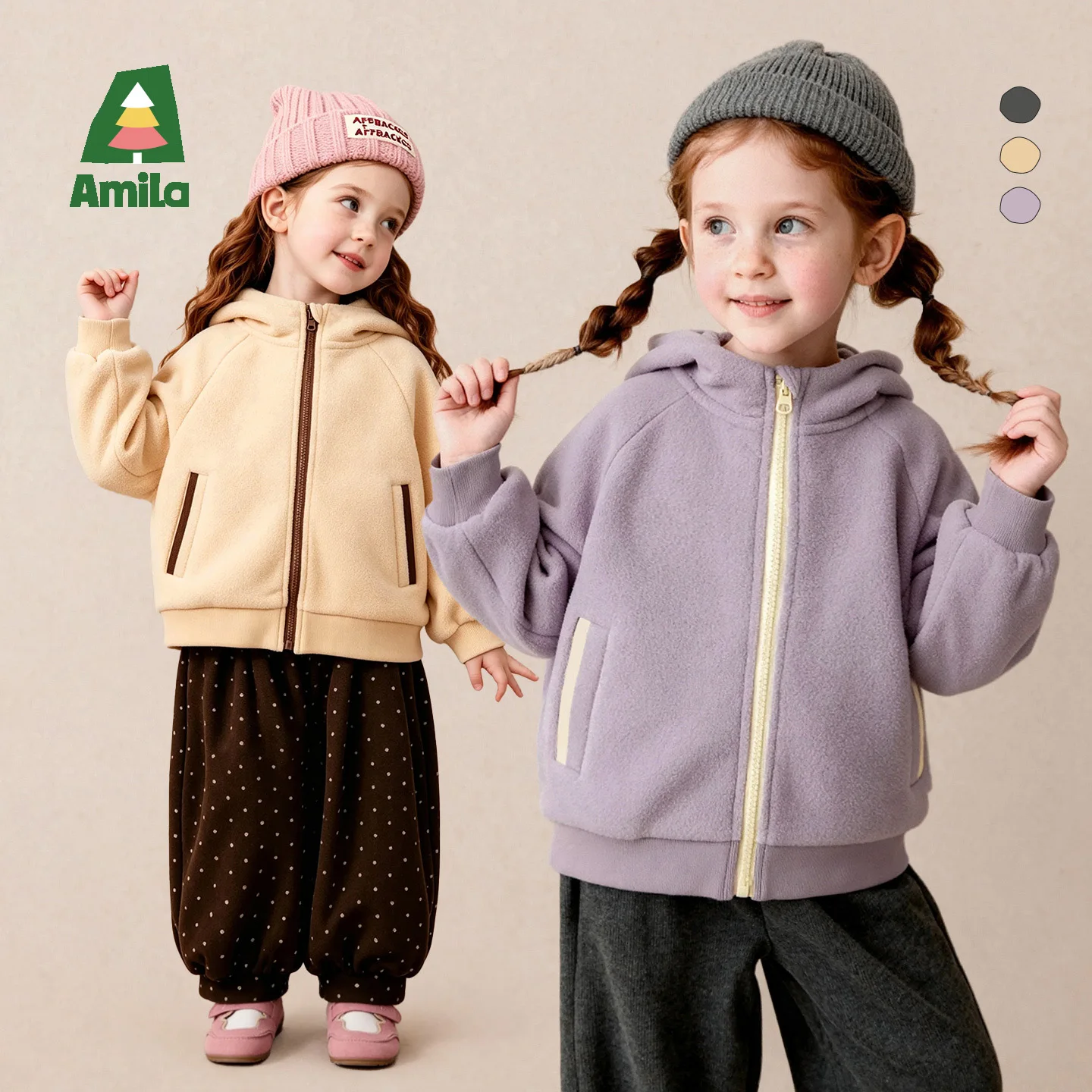 Amila 2026 Winter New Kids Fleece Jacket Hooded Warm Padded Loose Fit Extra Soft Warm Comfortable Cozy Daily Versatile Outerwear