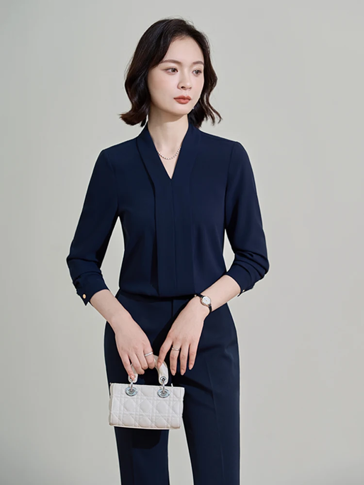 Ele White Long Sve V-Ne irt Dames Faion Commute Interview Professionele Top Herfst Nieuw Sle Eenvoudig Polyester