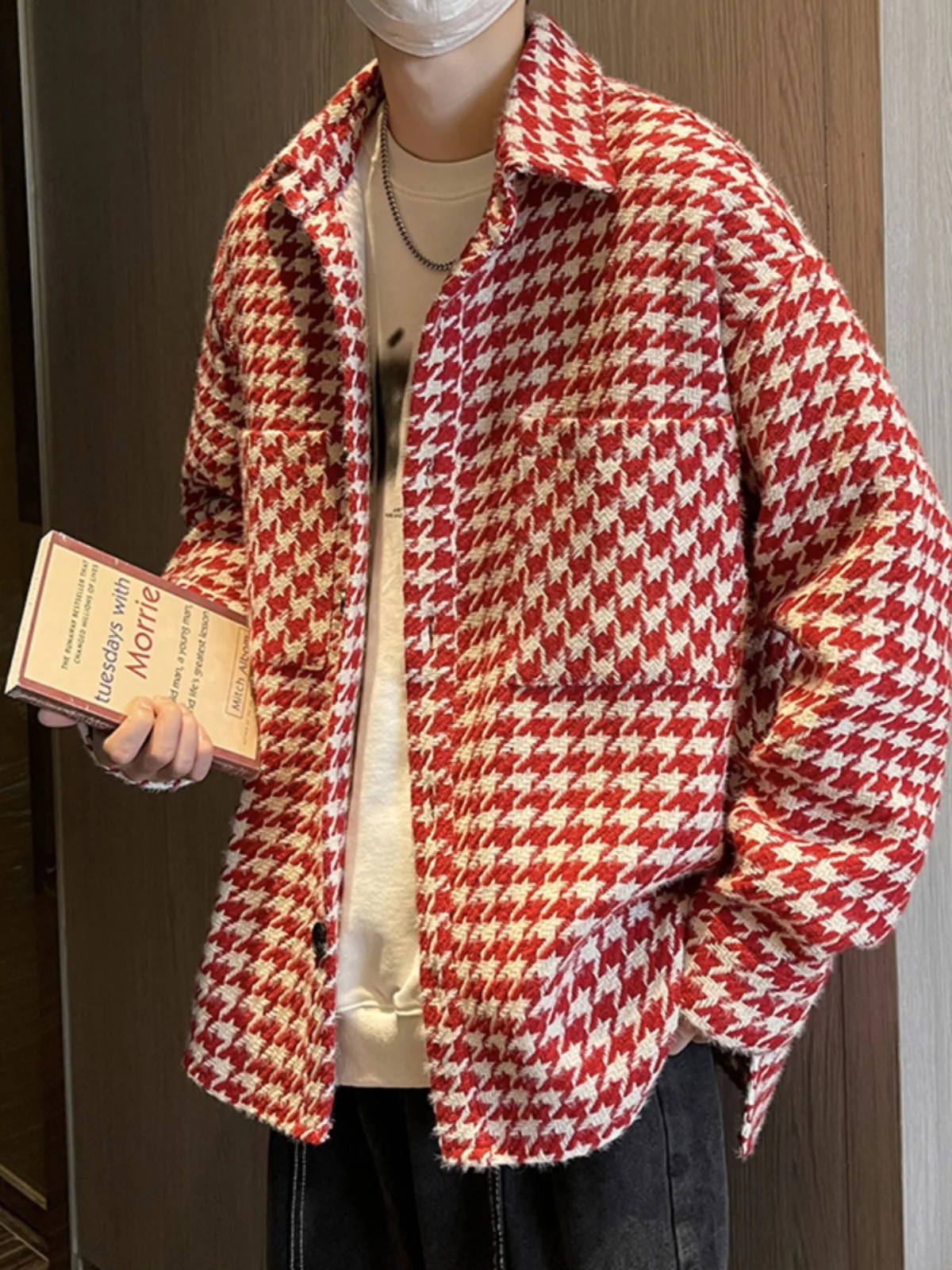 Trendy Youth Spring Autumn Plaid Jacket Men's Fashionable Checkered Shirt Wine Red Color Workwear Style Casual Outerwear