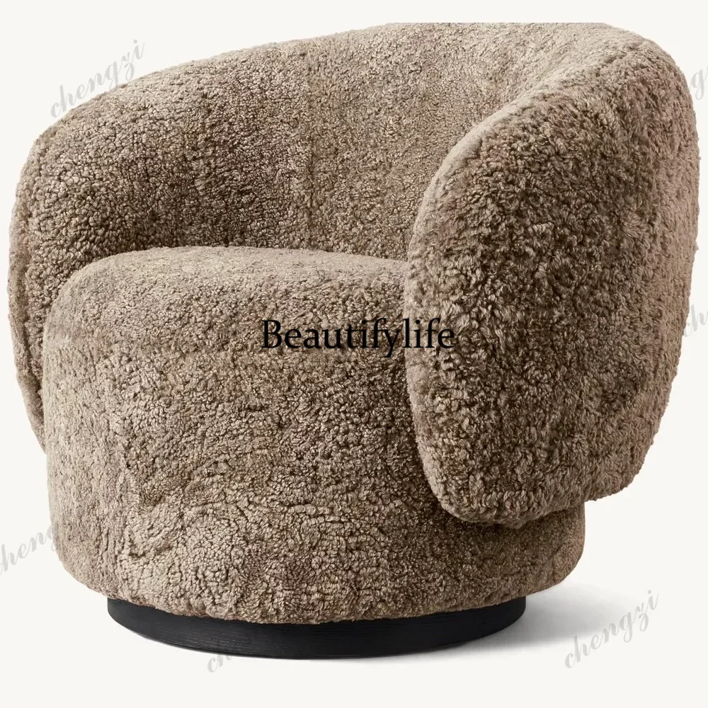 132 Retro lamb fur rotating leisure chair with thickened leather fabric, hotel apartment, internet famous single rotating armcha