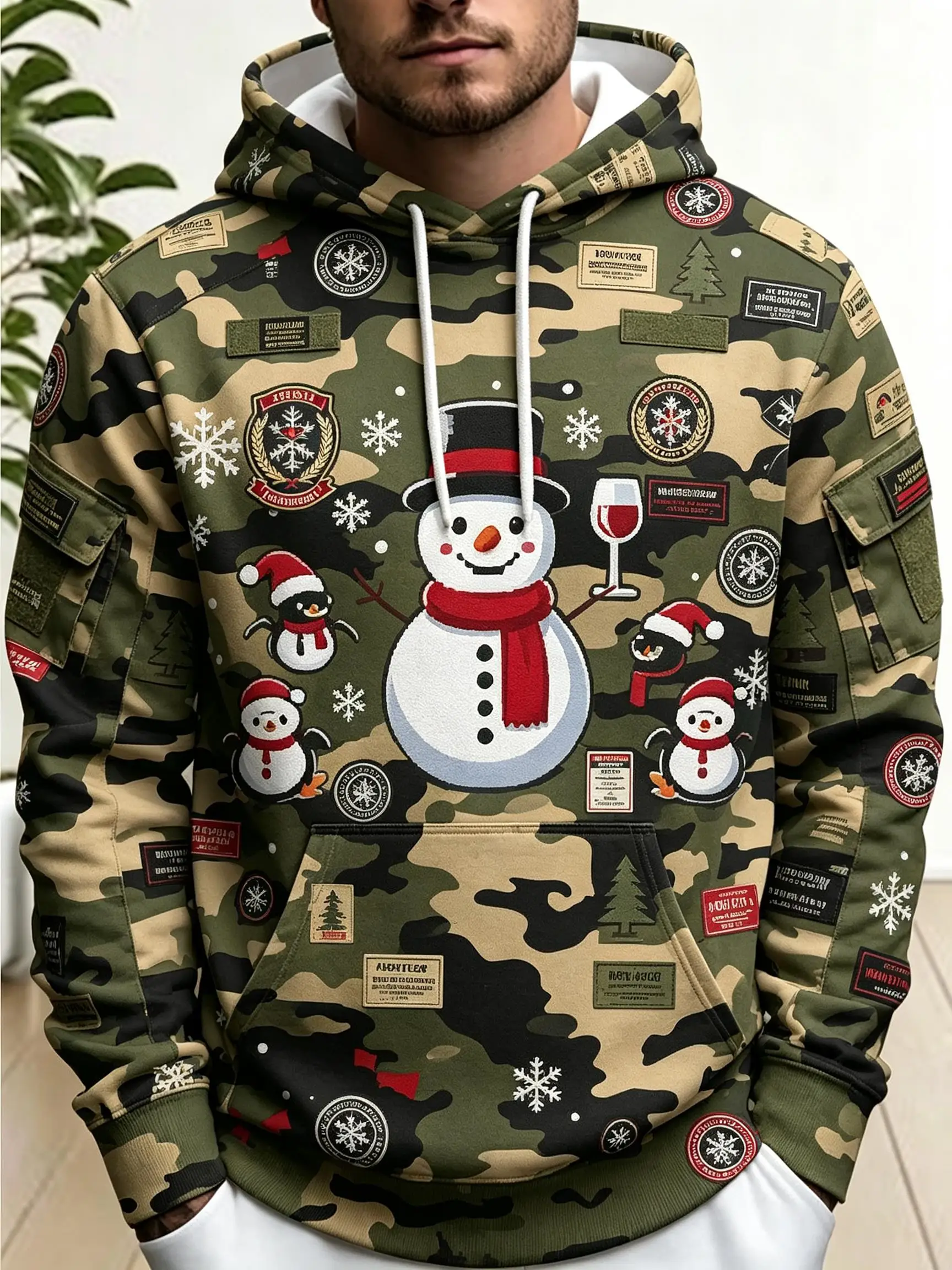 Men Thin Sweatshirt Autumn Winter Hoodie Xmas Camo Snowman Penguin Graphic Print Long Sleeve Male Tops Men's Clothes