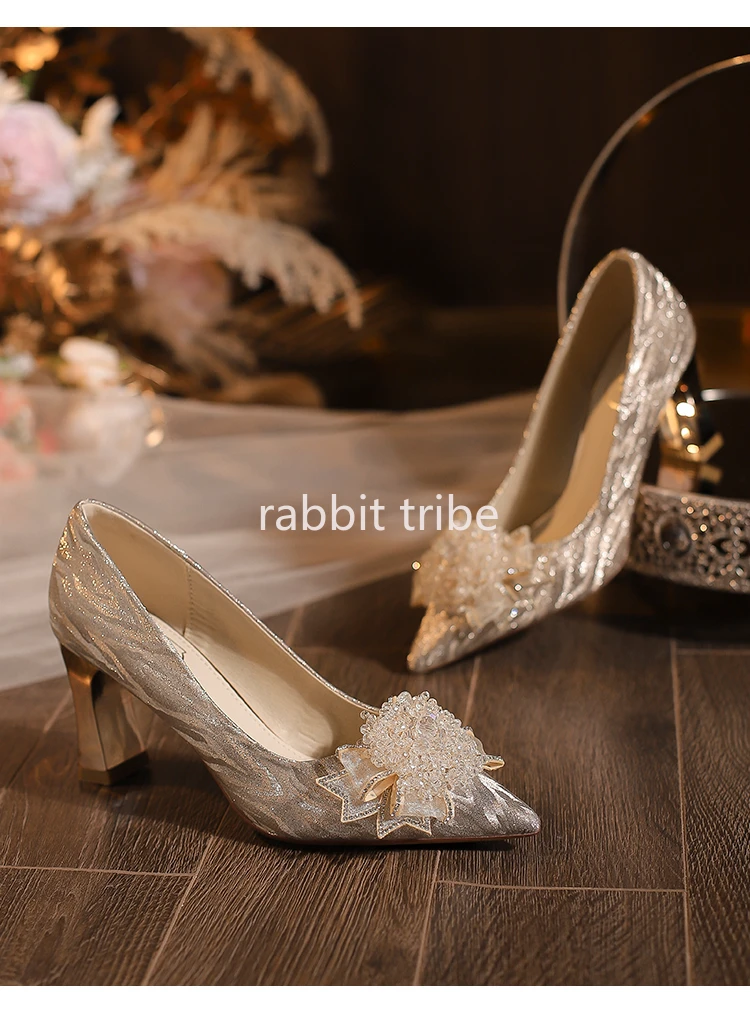 

Свадебные туфли, свадебные туфли, женские универсальные французские туфли на толстом высоком каблуке, женские туфли подружки невесты с бантом и стразами, одинарные туфли феи