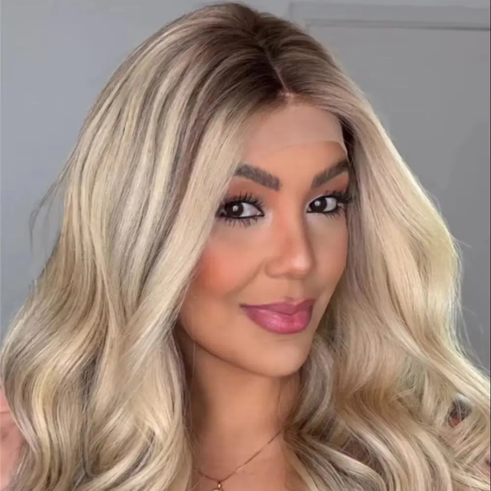 Ombre Creamy Blonde with Brown Streaks Synthetic HD Lace Front Wig Party Daily Cosplay Heat Resistant Fiber Wig Short Wave Bob