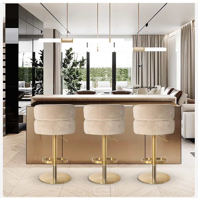 

Modern Luxury Velvet Chaise Bar Stools Gold Stainless Steel Swivel for Dining and Hotel Bar Height for Kitchen Use