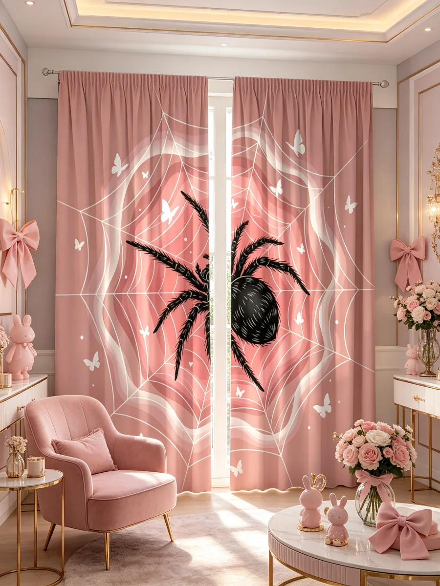 2PCS Black Pink Gothic Spider Web Curtains