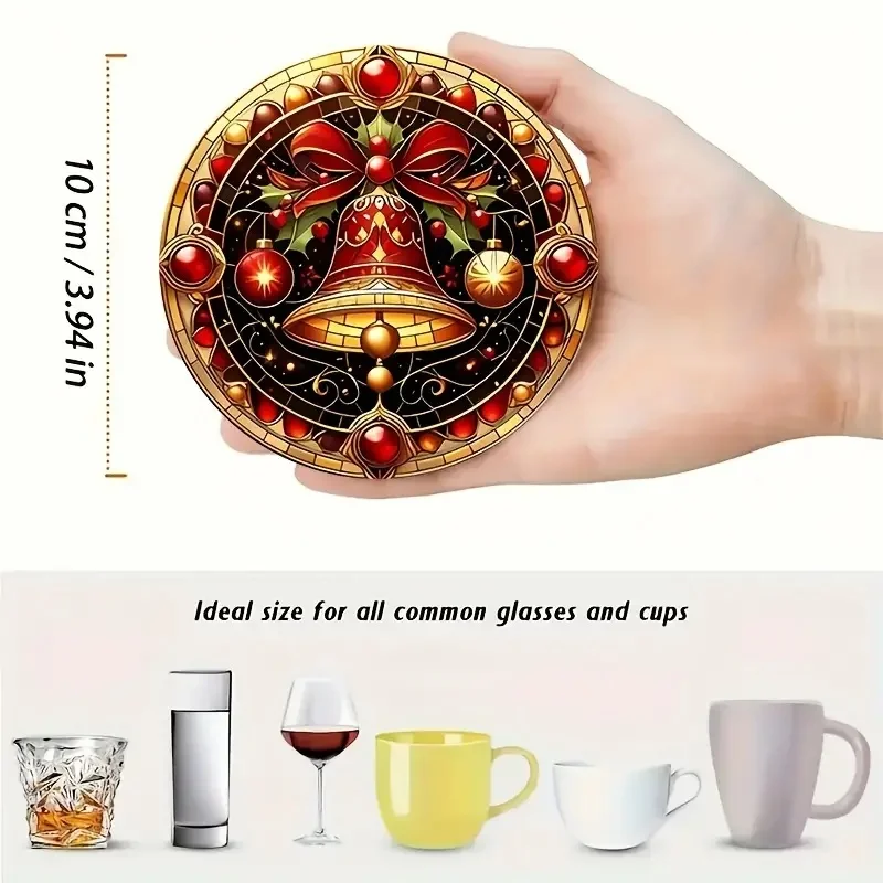 A Set of 8-Piece Christmas-Themed Wooden Round Coasters Is Suitable for Anti-Slip Decoration on Kitchen and Tea Set Tables