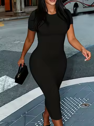 Spring Summer Women Black Short Sleeve Crew Neck Bodycon Midi Dress Trendy Casual Evening