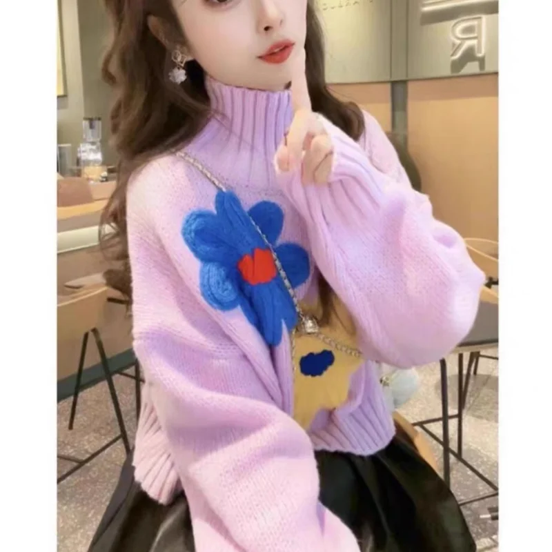 Autumn and Winter Sweater Female Fashion Flowers Temperament High Collar Long-sleeved Loose Short Paragraph Versatile Top Tide