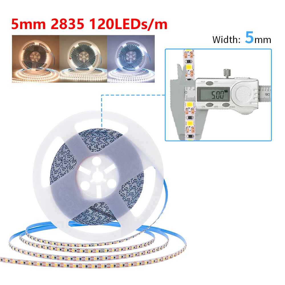 Tira de luces LED PCB de 5mm 8mm 12V 24V 2835 120LEDs/m 180LEDs/m cinta Flexible 1 corte LED RA90 luces de tira LED blancas naturales cálidas 5m 10m