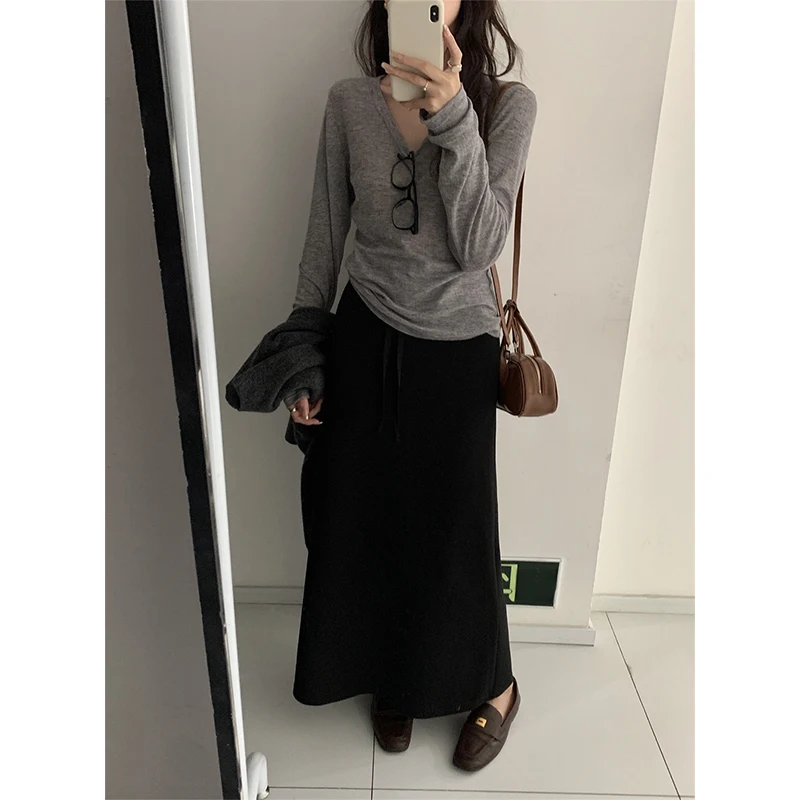 

Универсальная юбка Hellokay с эластичным поясом и завязками, миди, осень 2024, новая элегантная модель средней длины