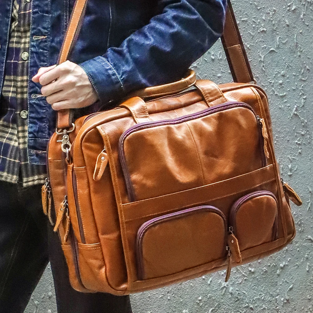 Bolsa para ordenador portátil de 17 pulgadas para hombre bolso de negocios retro multifuncional para documentos oficiales bolso cruzado de piel de vaca de capa superior bolso de trabajo para hombre